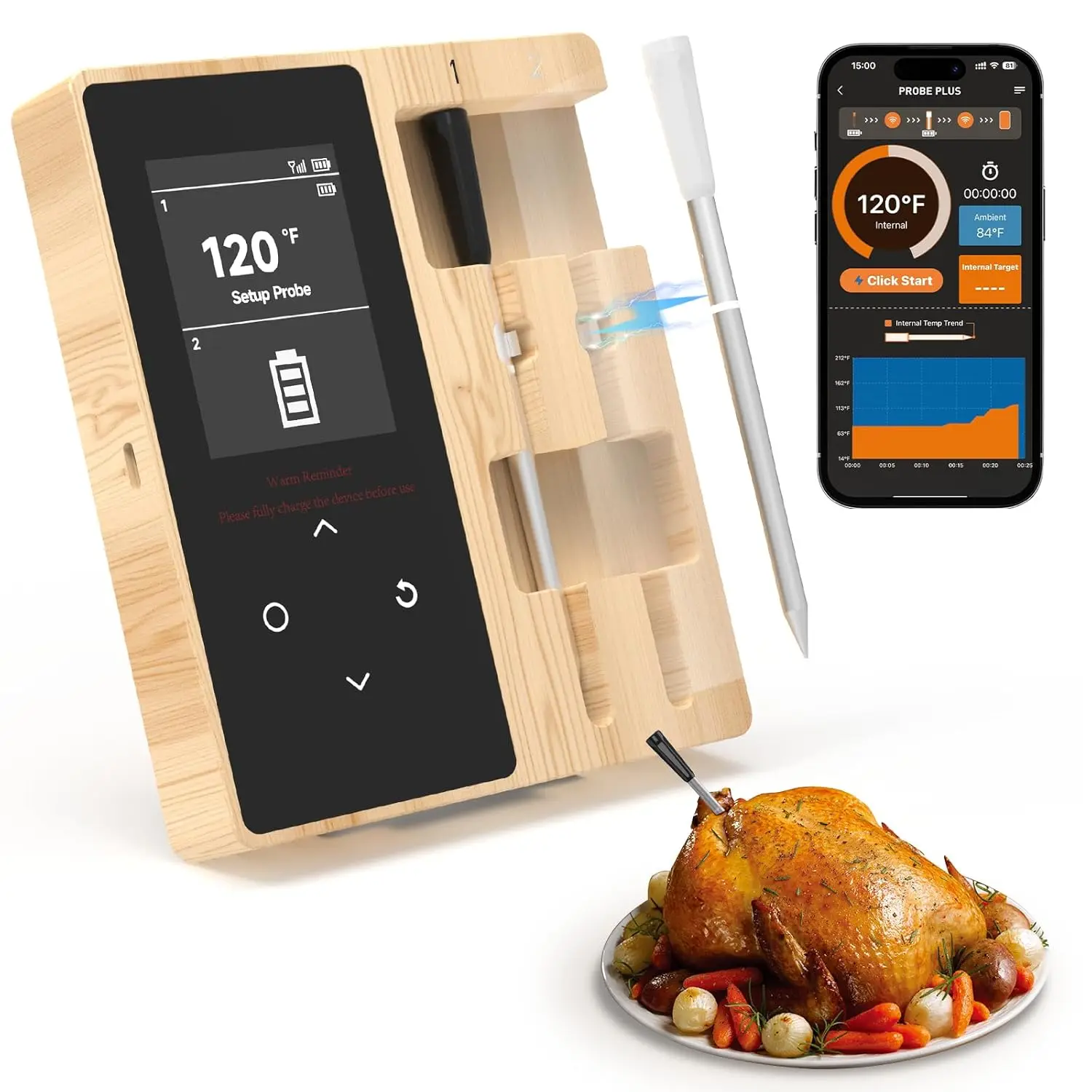 Wireless Meat Thermometer with Dual Probes, Bluetooth App Monitoring for Cooking, BBQ, Grill, Oven & Smoker
Wireless Meat Thermometer with Dual Probes, Bluetooth App Monitoring for Cooking, BBQ, Grill, Oven & Smoker
