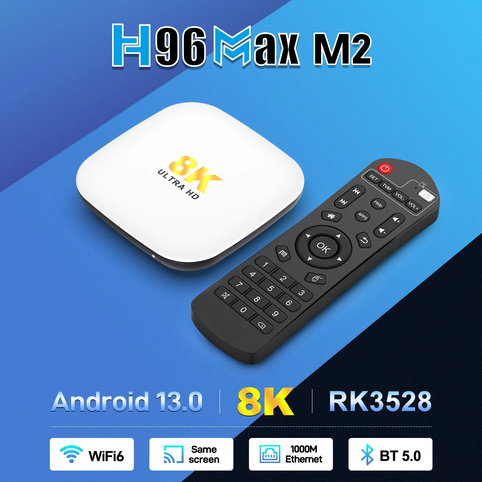 Android 13 H96 Max M2 Set-top Box Quad Core 1000M/LAN BT5.0 WIFI6 4k@60fps 8k UHD Output Video Home Theater Smart TV Box
Android 13 H96 Max M2 Set-top Box Quad Core 1000M/LAN BT5.0 WIFI6 4k@60fps 8k UHD Output Video Home Theater Smart TV Box