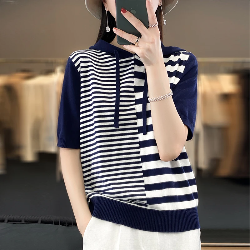 100% Cotton Hooded Short Sleeved Women's Summer Contrasting Color Korean Fashion Loose Fitting Pullover T-Shirt knit Top
100% Cotton Hooded Short Sleeved Women's Summer Contrasting Color Korean Fashion Loose Fitting Pullover T-Shirt knit Top