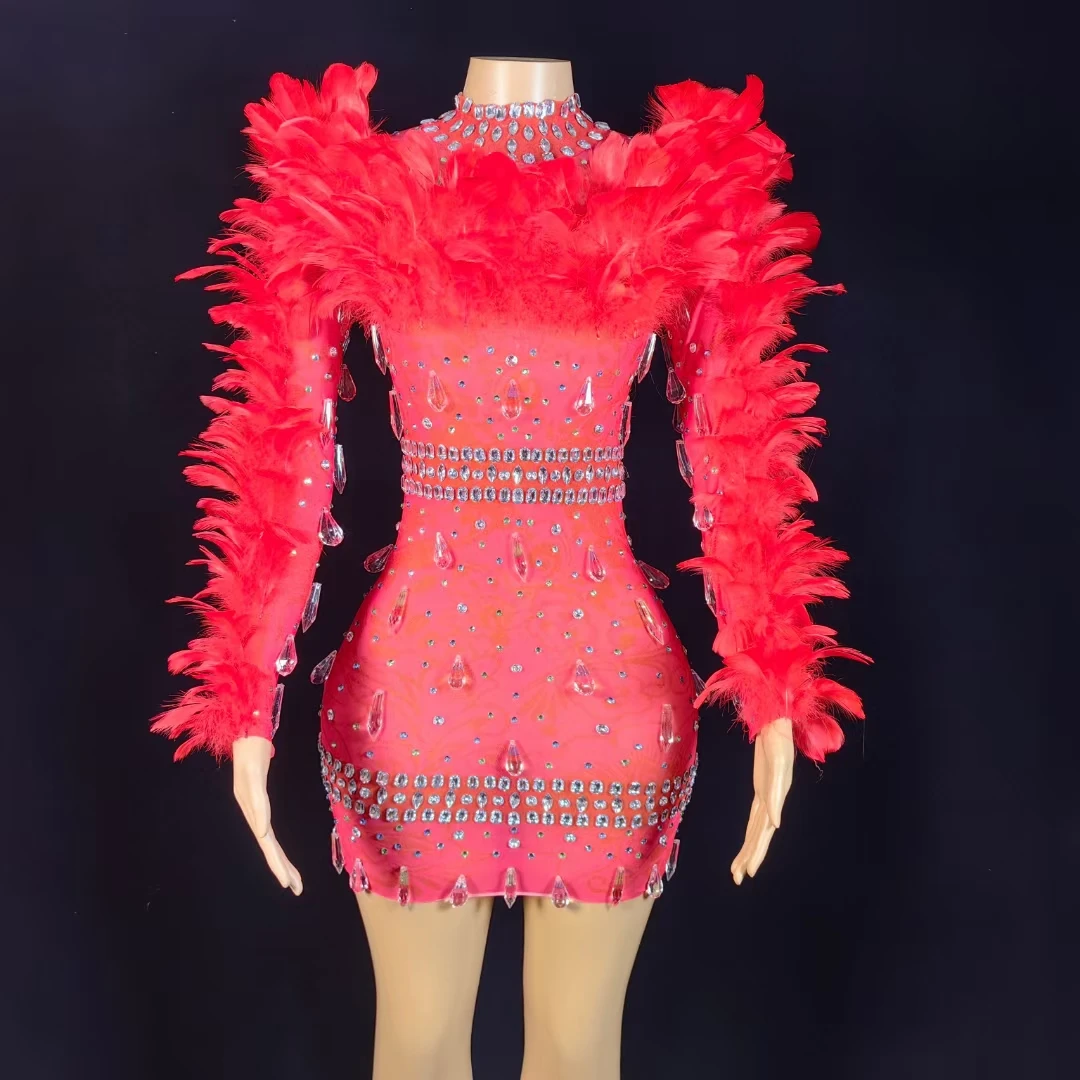 Stunning Red Feather Long Sleeved Crystal Diamond Short Skirt Stage Performance Costume Women Luxury Rhinestone Party Ball Gowns
Stunning Red Feather Long Sleeved Crystal Diamond Short Skirt Stage Performance Costume Women Luxury Rhinestone Party Ball Gowns