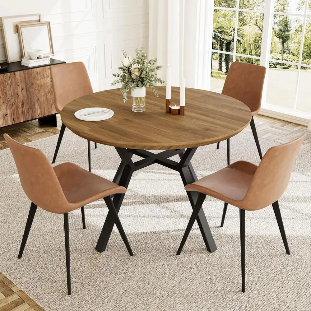 Expandable Walnut Dining Table Set for 4-6 with 4 Brown Upholstered Chairs, Ideal for Kitchen or Dining Room
Expandable Walnut Dining Table Set for 4-6 with 4 Brown Upholstered Chairs, Ideal for Kitchen or Dining Room