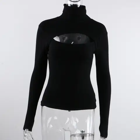 New Autumn Winter Thin Sweater Women Fashion Design Open Chest Long Sleeved Knitted Women's Tops Female Tight Fitting Sweater