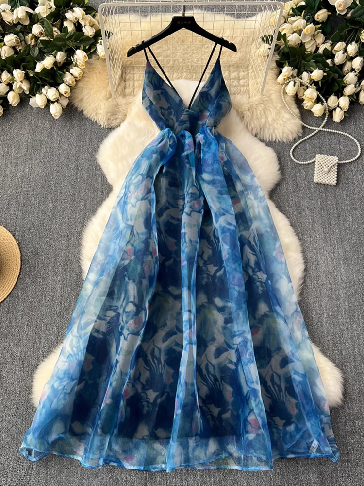 2025 New Summer Sleeveless Deep V Neck Sexy Dress Elegant Hollow Backless Blue Evening Dress Vintage Ladies Printed Long Dress
2025 New Summer Sleeveless Deep V Neck Sexy Dress Elegant Hollow Backless Blue Evening Dress Vintage Ladies Printed Long Dress