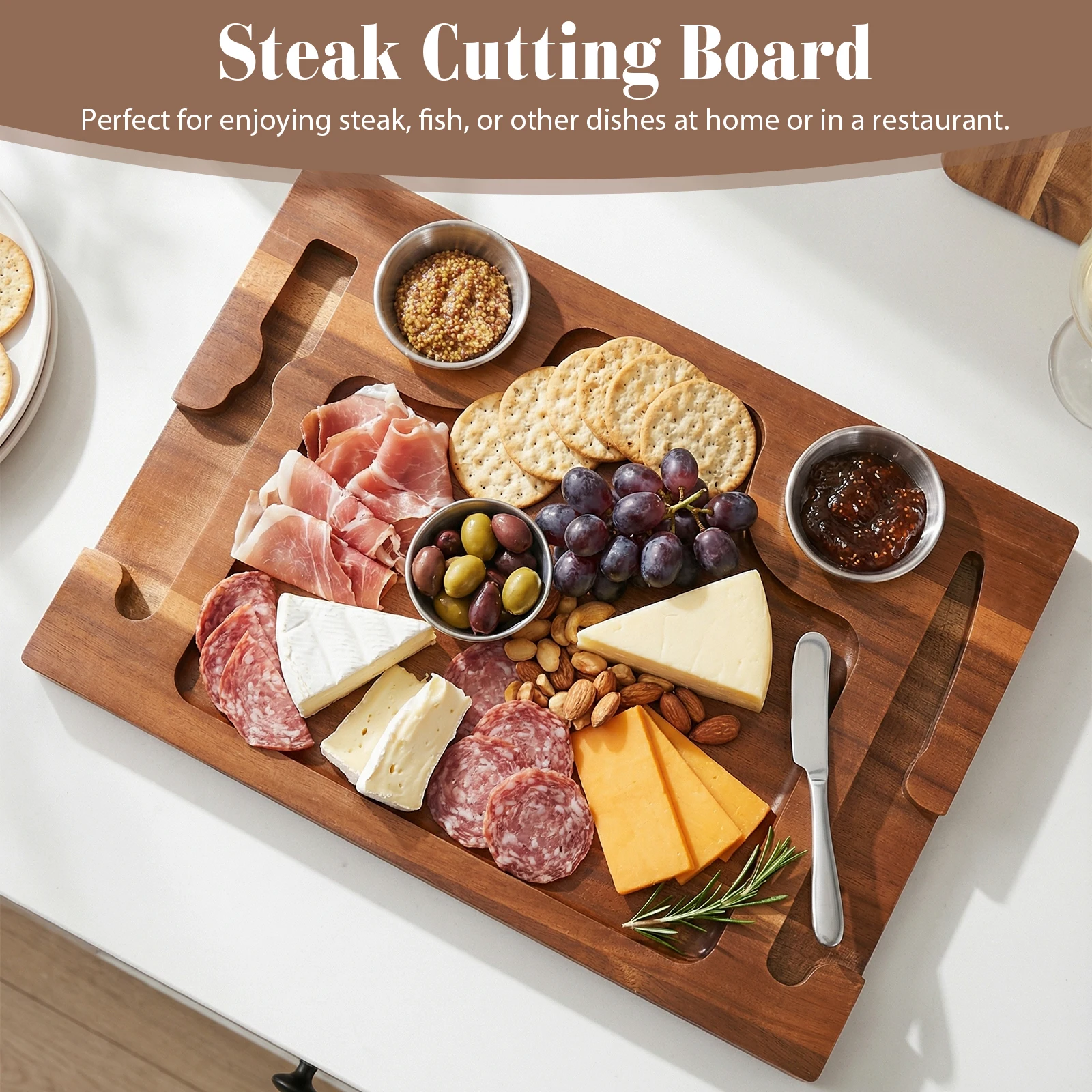 Acacia Wood Steak Plate Board for Eating, Meat Cutting Board for Steak Food Serving Tray with 2 Sauce Cups for Family Dinners
Acacia Wood Steak Plate Board for Eating, Meat Cutting Board for Steak Food Serving Tray with 2 Sauce Cups for Family Dinners