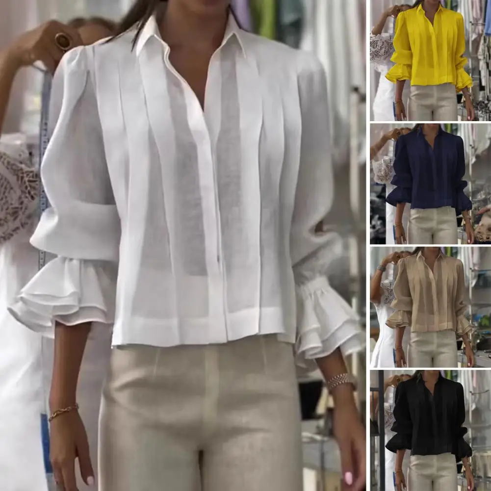 Женская рубашка с отложным воротником и рюшами на манжетах, блузка с длинными рукавами на пуговицах, свободного кроя, офисный топ для лета
Женская рубашка с отложным воротником и рюшами на манжетах, блузка с длинными рукавами на пуговицах, свободного кроя, офисный топ для лета