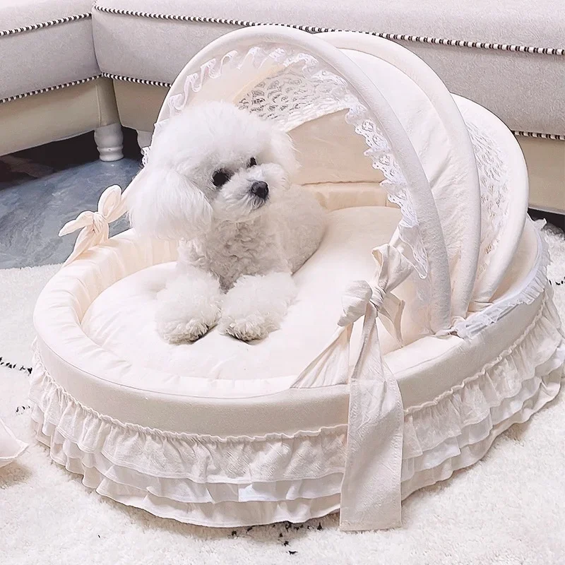 White Lace Pet Cradle Bed Dog's Comfortable Resting Nest with Awning High-End Dog Bed Removable and Washable Pet Kennel
White Lace Pet Cradle Bed Dog's Comfortable Resting Nest with Awning High-End Dog Bed Removable and Washable Pet Kennel