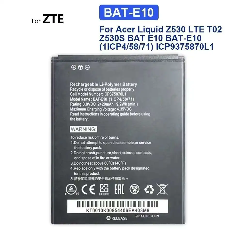 Mobile Phone Battery 2420mAh For Acer Liquid Z530 Lte T02 Z530S Bat E10 Bat-E10 1ICP4 58 71 ICP9375870L1
Mobile Phone Battery 2420mAh For Acer Liquid Z530 Lte T02 Z530S Bat E10 Bat-E10 1ICP4 58 71 ICP9375870L1