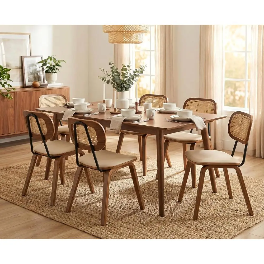 6-Piece Beige PU Leather Dining Chairs Set with Rattan Backrests and Wooden Legs for Kitchen or Dining Room
6-Piece Beige PU Leather Dining Chairs Set with Rattan Backrests and Wooden Legs for Kitchen or Dining Room