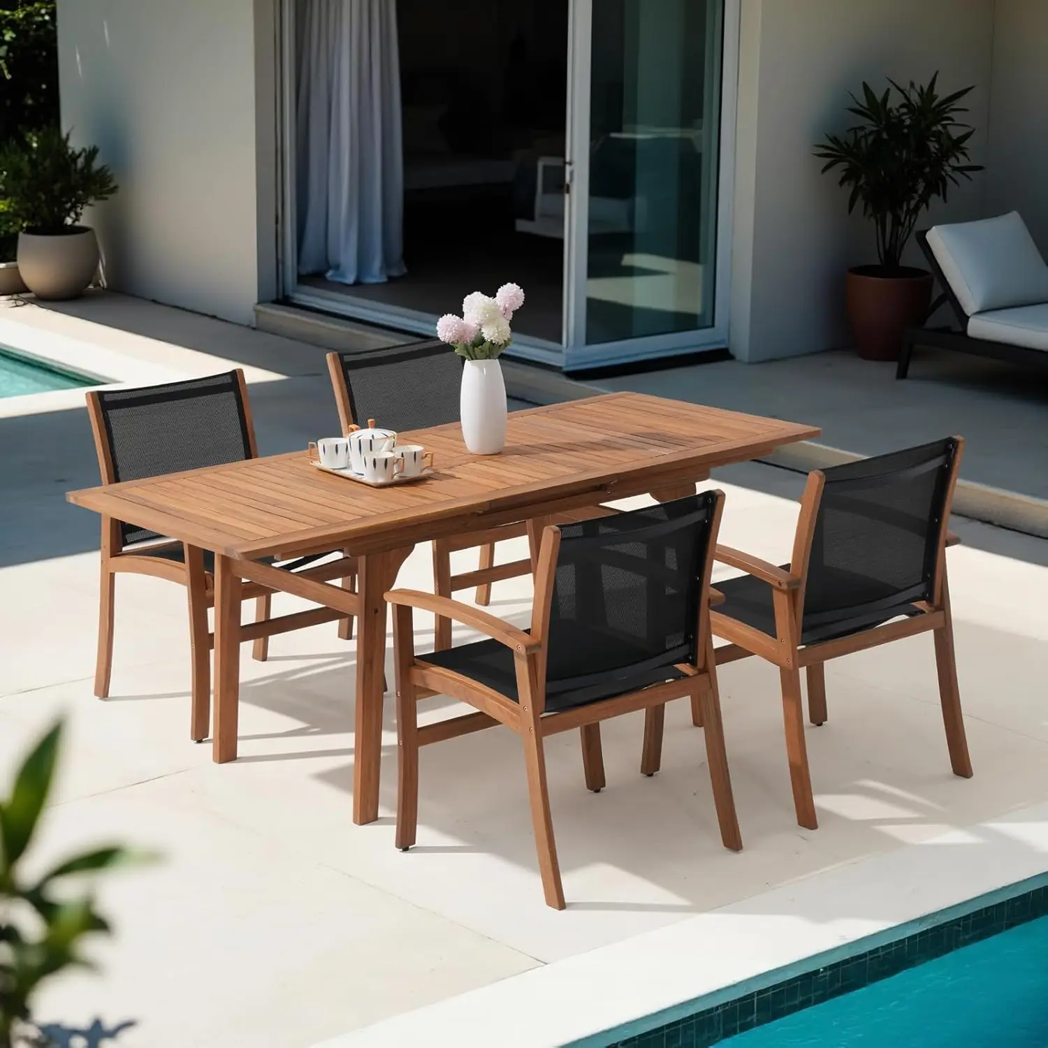 Acacia Wood Outdoor Dining Set Patio Furniture Expandable Table Chairs Textilene Fabric Umbrella Hole Garden Black
Acacia Wood Outdoor Dining Set Patio Furniture Expandable Table Chairs Textilene Fabric Umbrella Hole Garden Black