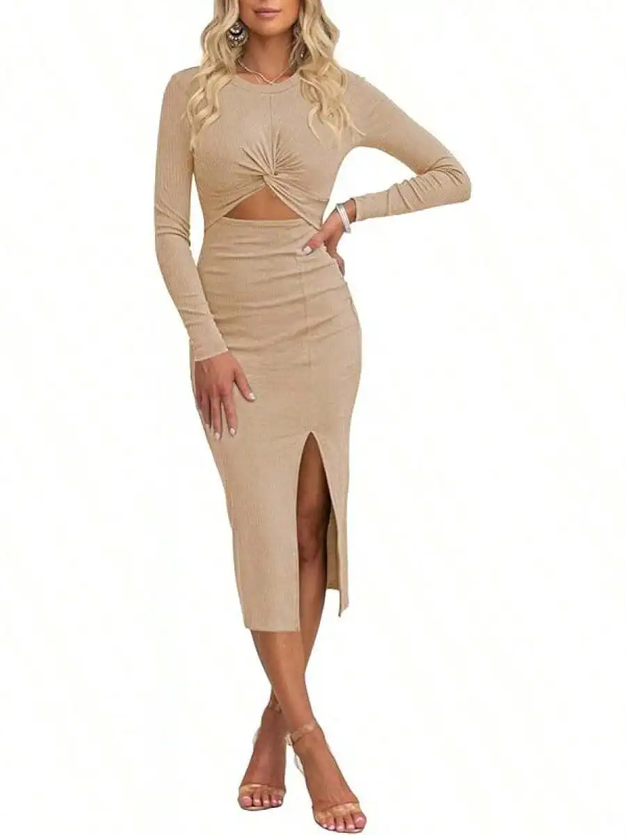Women Crew Neck Long Sleeve Midi Cutout Twist Front Bodycon Slit Ribbed Knit Dress Beige
Women Crew Neck Long Sleeve Midi Cutout Twist Front Bodycon Slit Ribbed Knit Dress Beige