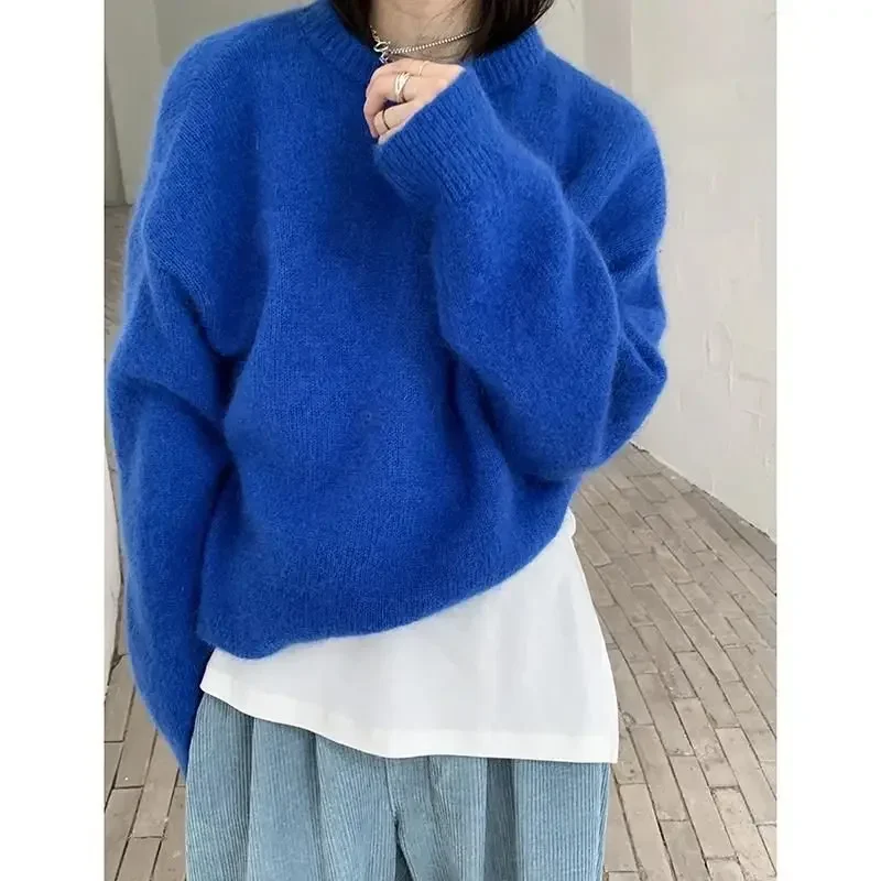 Свободный женский трикотаж с круглым вырезом в корейском стиле, верхняя одежда, свитер Klein, синий, осенне-зимний, Новое поступление, удобный вязаный топ 
Свободный женский трикотаж с круглым вырезом в корейском стиле, верхняя одежда, свитер Klein, синий, осенне-зимний, Новое поступление, удобный вязаный топ