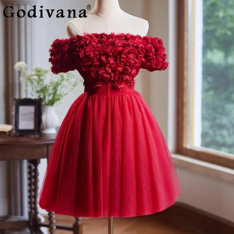 Elegant Korean Red Gauze Handmade Three-dimensional Flower Evening Dress Bride Engagement Temperament Lace-up Slash Neck Dresses
Elegant Korean Red Gauze Handmade Three-dimensional Flower Evening Dress Bride Engagement Temperament Lace-up Slash Neck Dresses