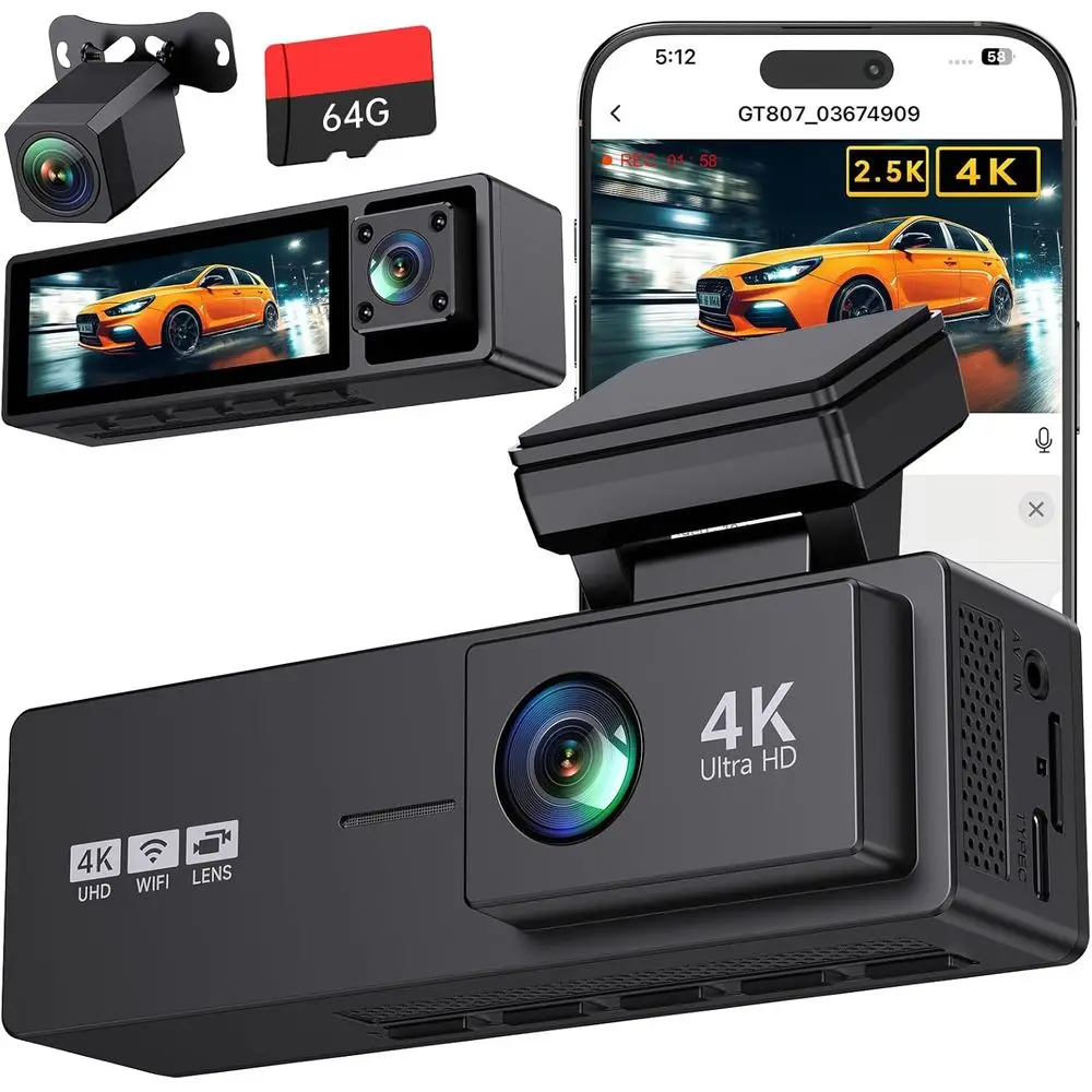 Трехканальный 4K видеорегистратор с камерами для заднего вида, салона и 3,2-дюймовым экраном, ИК ночным видением, G-сенсором, круглосуточным мониторингом парковки, карта памяти 64 ГБ в комплекте
Трехканальный 4K видеорегистратор с камерами для заднего вида, салона и 3,2-дюймовым экраном, ИК ночным видением, G-сенсором, круглосуточным мониторингом парковки, карта памяти 64 ГБ в комплекте