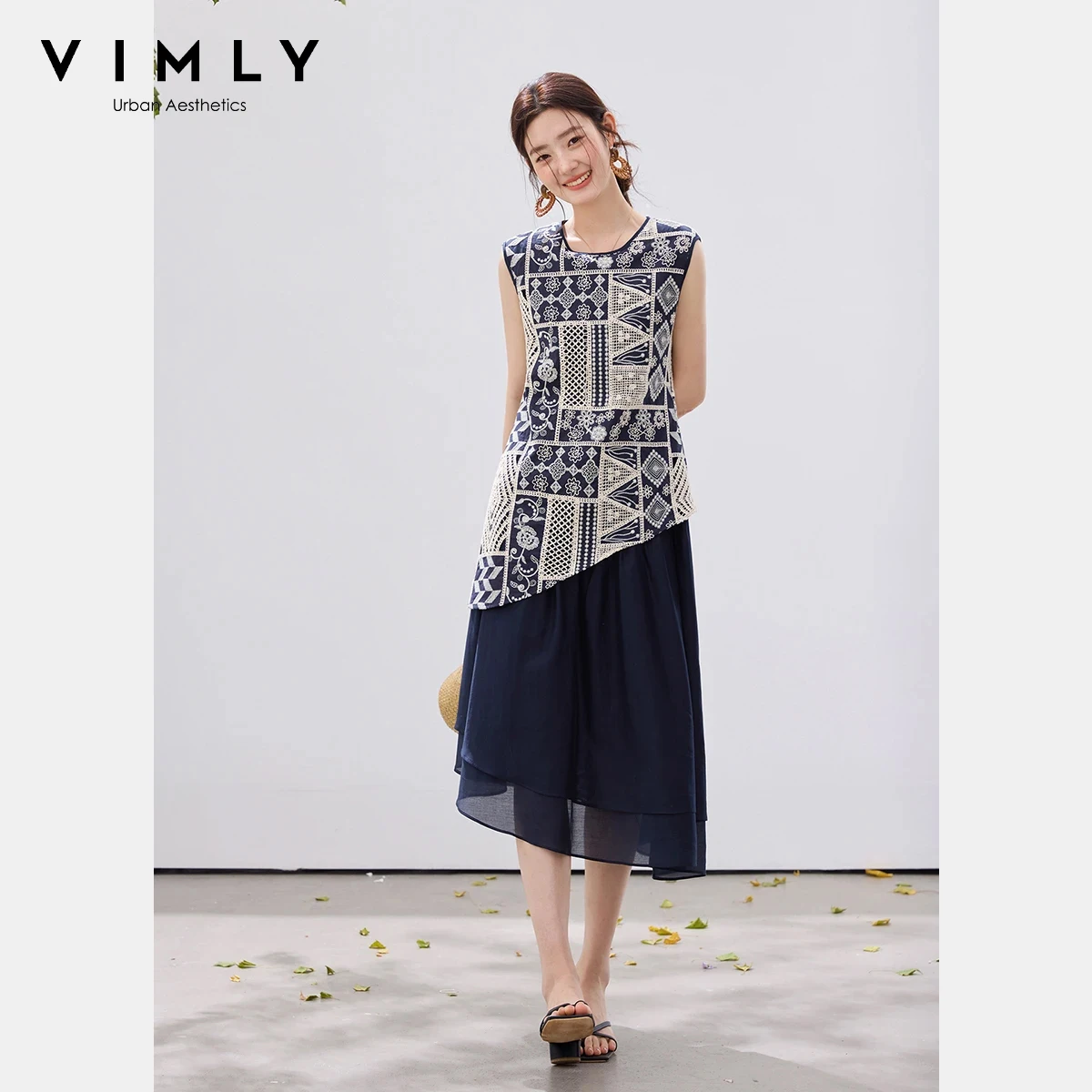 VIMLY Women's 100% Cotton Fake Two-Piece Sleeveless Dress 2026 Summer New Ethnic Vintage Print Asymmetrical Midi Dress A5203
VIMLY Women's 100% Cotton Fake Two-Piece Sleeveless Dress 2026 Summer New Ethnic Vintage Print Asymmetrical Midi Dress A5203
