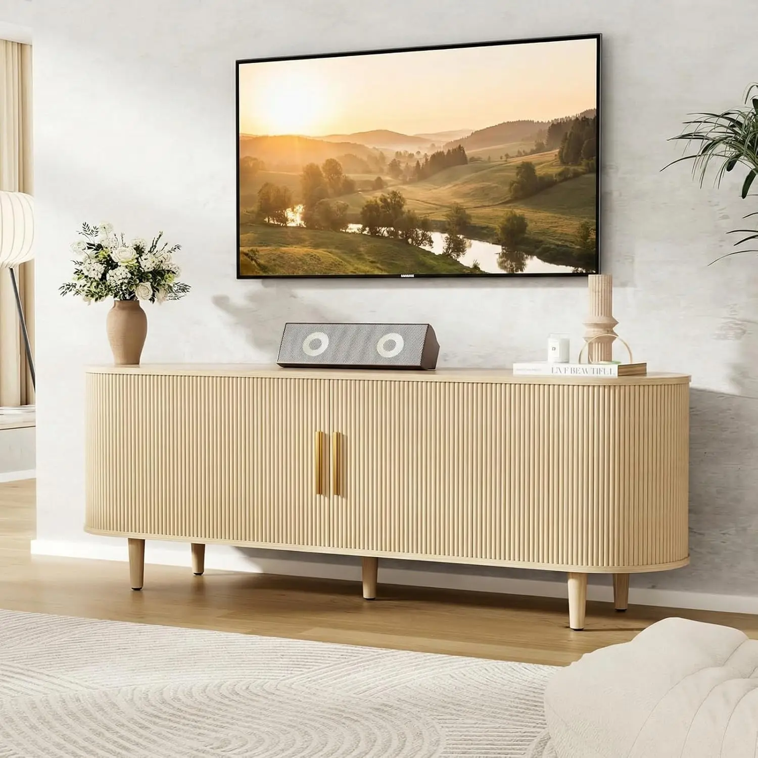 63" Fluted TV Stand, Modern Entertainment Center for TVs Up to 65" with Adjustable Shelves and Sliding Doors,, Customized
63" Fluted TV Stand, Modern Entertainment Center for TVs Up to 65" with Adjustable Shelves and Sliding Doors,, Customized