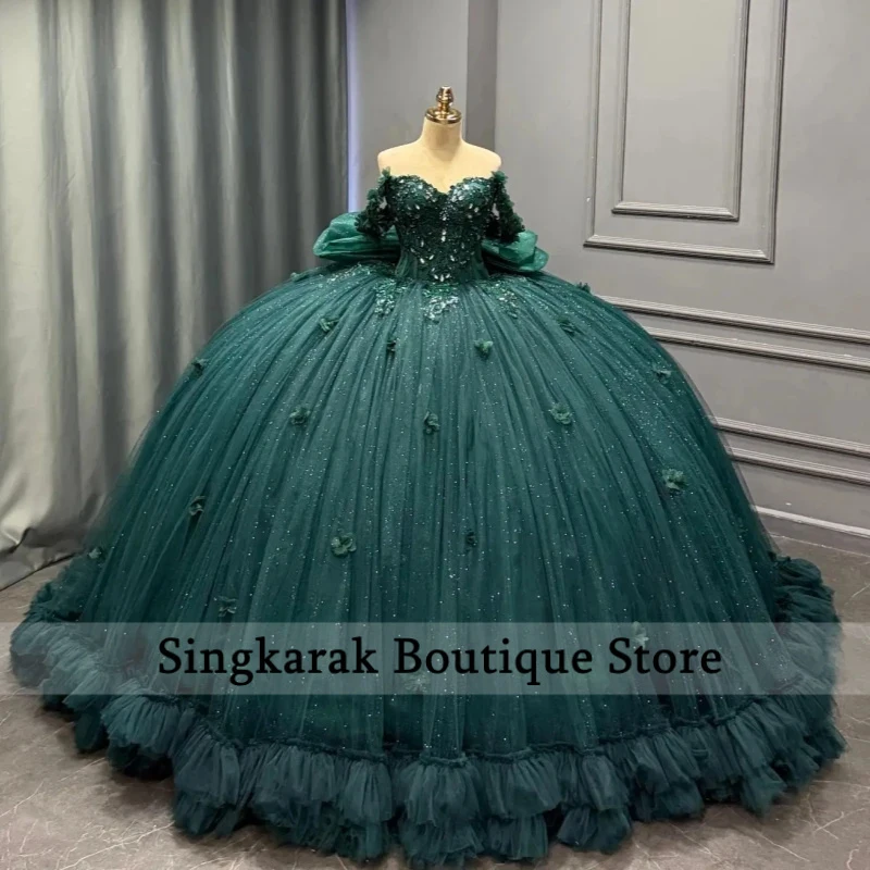 Dark Green Shiny Ball Gown Quinceanera Dresses Applique Flower Beading Crystal Bow Tiered Tull Corset Off Shoulder Sweet 16 Dres
Dark Green Shiny Ball Gown Quinceanera Dresses Applique Flower Beading Crystal Bow Tiered Tull Corset Off Shoulder Sweet 16 Dres
