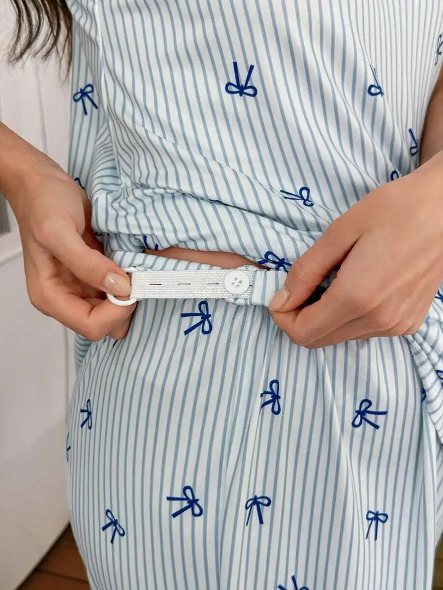 Striped Bow Print Maternity Pajama Set With Adjustable Waistband Winter
Striped Bow Print Maternity Pajama Set With Adjustable Waistband Winter