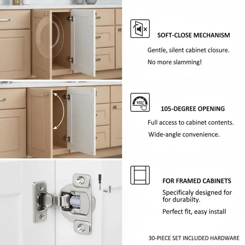 Cabinet Hinges, 30 Packs Partial Overlay Kitchen Cabinet Door Hinges, 105 Degree Opening Angel Soft Close Concealed Cupboard Hinges for Framed Cabinet Type, with Mounting Screws
Cabinet Hinges, 30 Packs Partial Overlay Kitchen Cabinet Door Hinges, 105 Degree Opening Angel Soft Close Concealed Cupboard Hinges for Framed Cabinet Type, with Mounting Screws