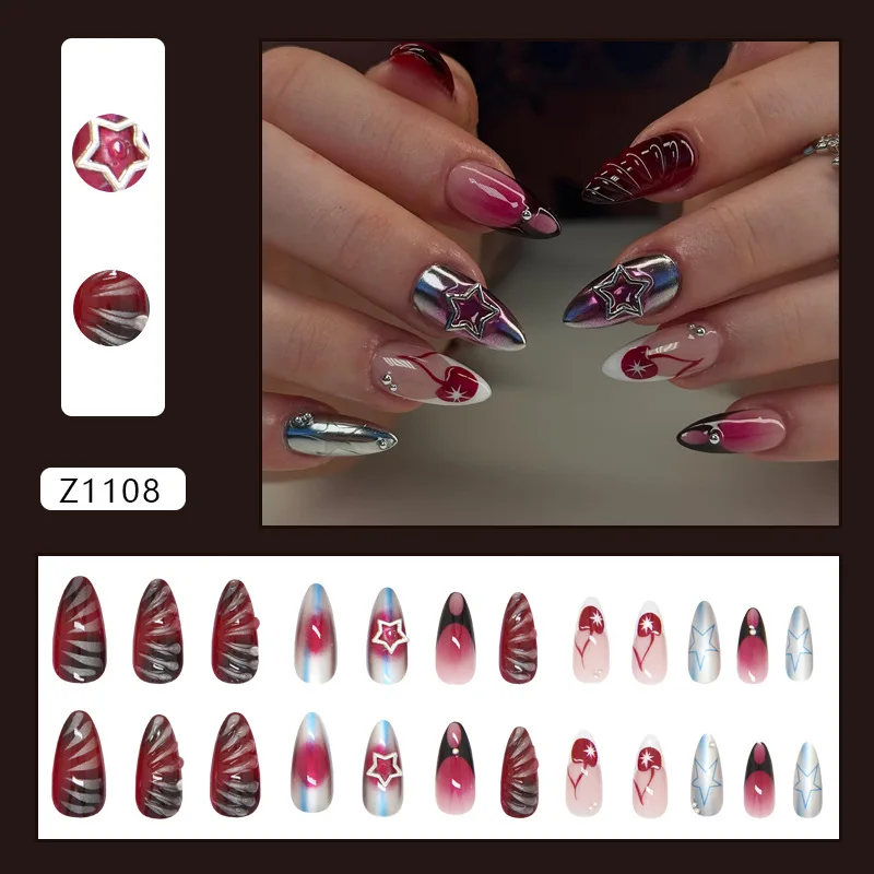 24PCS Almond False Nails Red Blush Press on Nails Full Cover Fake Nails with 3D Metallic Star Cherry Design for Women Daily Wear
24PCS Almond False Nails Red Blush Press on Nails Full Cover Fake Nails with 3D Metallic Star Cherry Design for Women Daily Wear