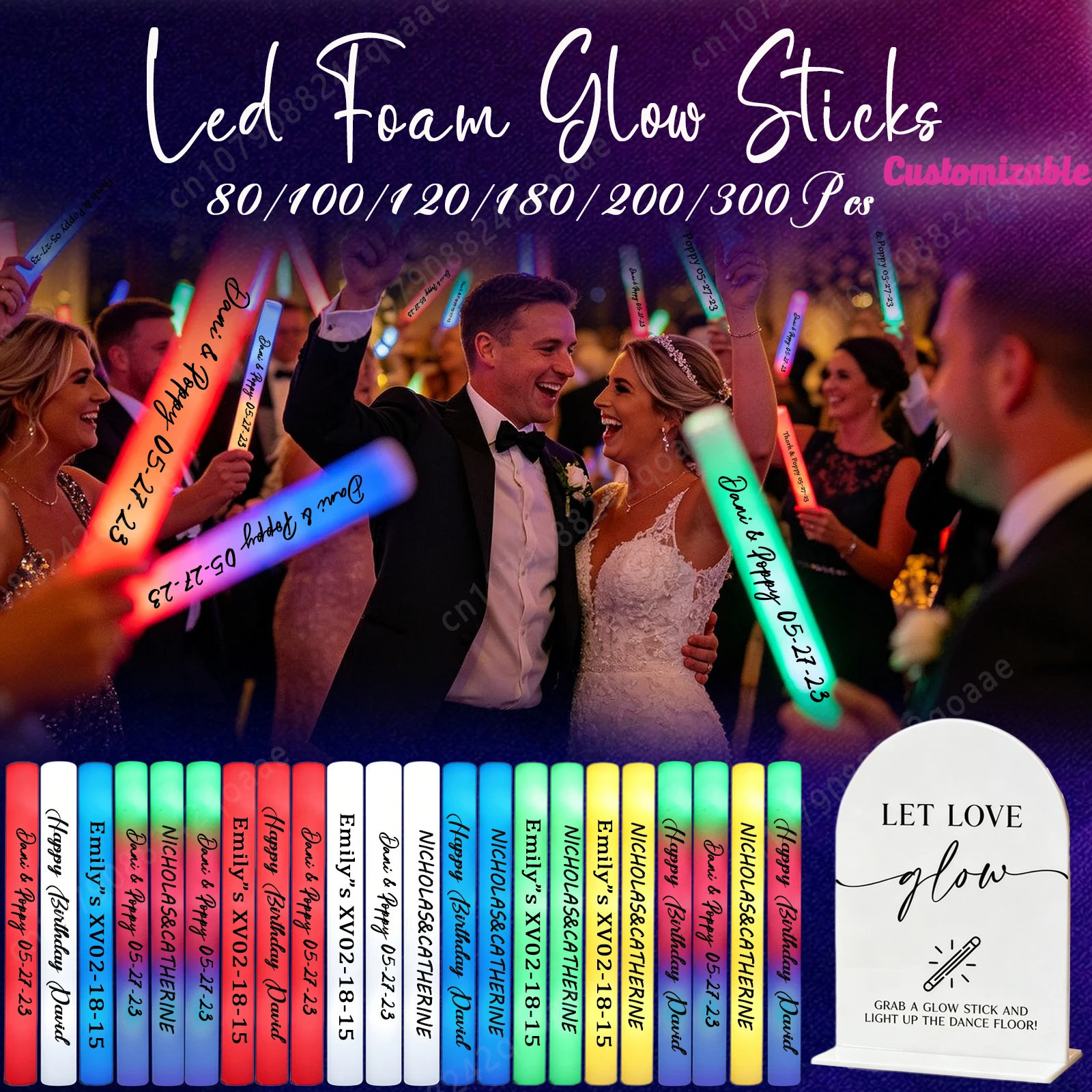 80-300Pcs Personalised LED Foam Glow Sticks 3 Modes RGB Glow Foam Stick with Acrylic Signs for Wedding Birthday Concert Party
80-300Pcs Personalised LED Foam Glow Sticks 3 Modes RGB Glow Foam Stick with Acrylic Signs for Wedding Birthday Concert Party