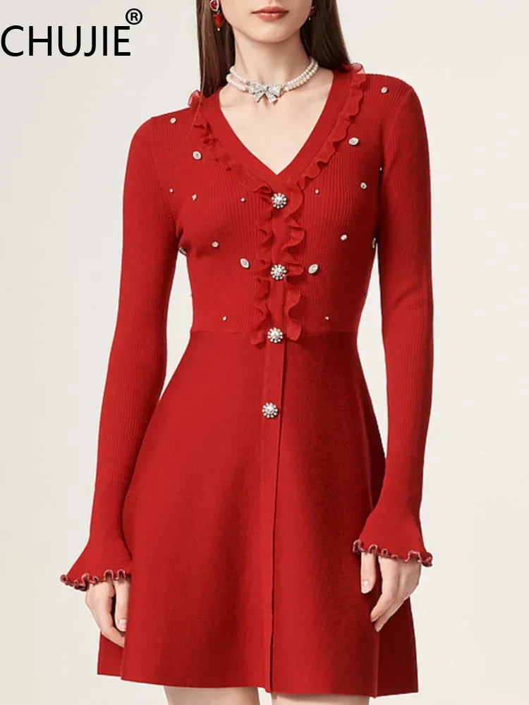 CHUJIE Women's Dress 2025 Spring/Summer New Ladies Gentle Wind Falling Design Sense Diamond Jewelry V-neck Fashion Knitted Dress
CHUJIE Women's Dress 2025 Spring/Summer New Ladies Gentle Wind Falling Design Sense Diamond Jewelry V-neck Fashion Knitted Dress