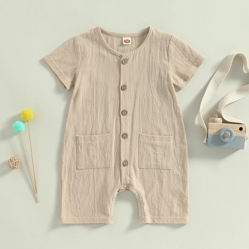 Baby Boys Girls Summer Casual Jumpsuit Solid Color Striped Short Sleeve Button Down Romper
Baby Boys Girls Summer Casual Jumpsuit Solid Color Striped Short Sleeve Button Down Romper