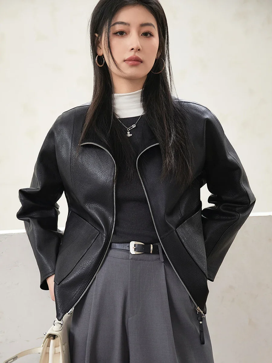 Casual Short Genuine Leather Motorcycle Jackets for Women High-end Simple Stand Collar Lychee Texture Black Real Goatskin Coat
Casual Short Genuine Leather Motorcycle Jackets for Women High-end Simple Stand Collar Lychee Texture Black Real Goatskin Coat