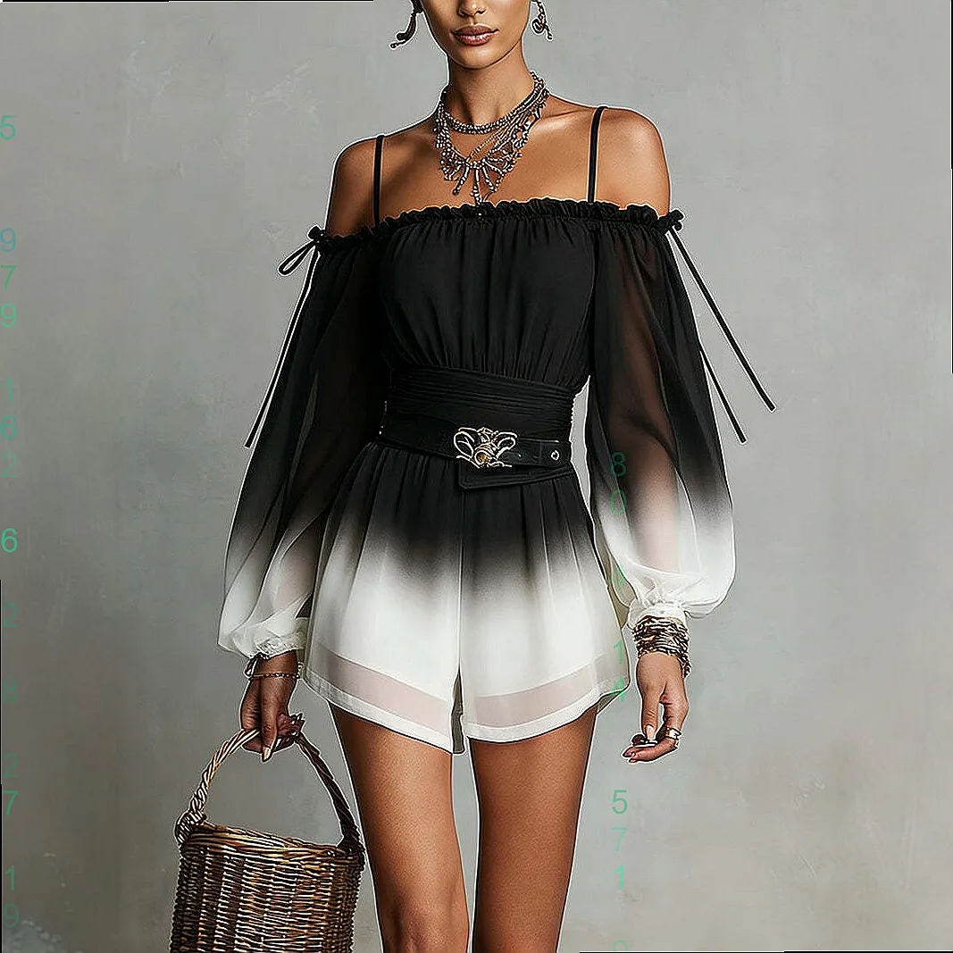 Sexy Off Shoulder Gradient Jumpsuit for Women Summer Fashion Ruched Bodycon Shorts with Belt Matching Set
Sexy Off Shoulder Gradient Jumpsuit for Women Summer Fashion Ruched Bodycon Shorts with Belt Matching Set