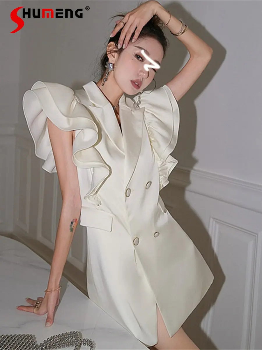 French White Suit Collar Blazer Dress for Women's 2023 Spring Summer New Ruffles Sleeve Luxury Satin Elegant Business Suit Dress
French White Suit Collar Blazer Dress for Women's 2023 Spring Summer New Ruffles Sleeve Luxury Satin Elegant Business Suit Dress