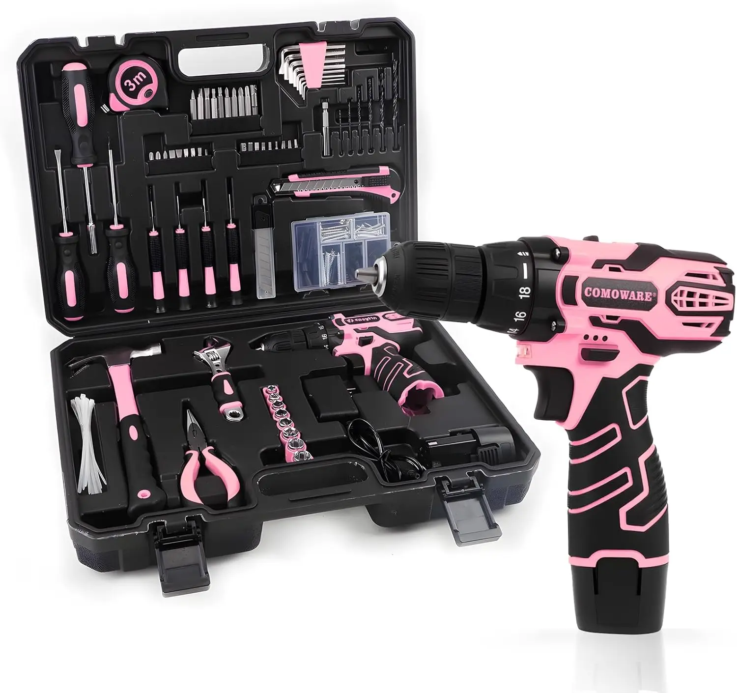 Pink Household Tool Set with 12V Cordless Drill Driver, 195-Piece Hand Tool Kit for Women, Power Drill Set with Plastic Toolbox
Pink Household Tool Set with 12V Cordless Drill Driver, 195-Piece Hand Tool Kit for Women, Power Drill Set with Plastic Toolbox