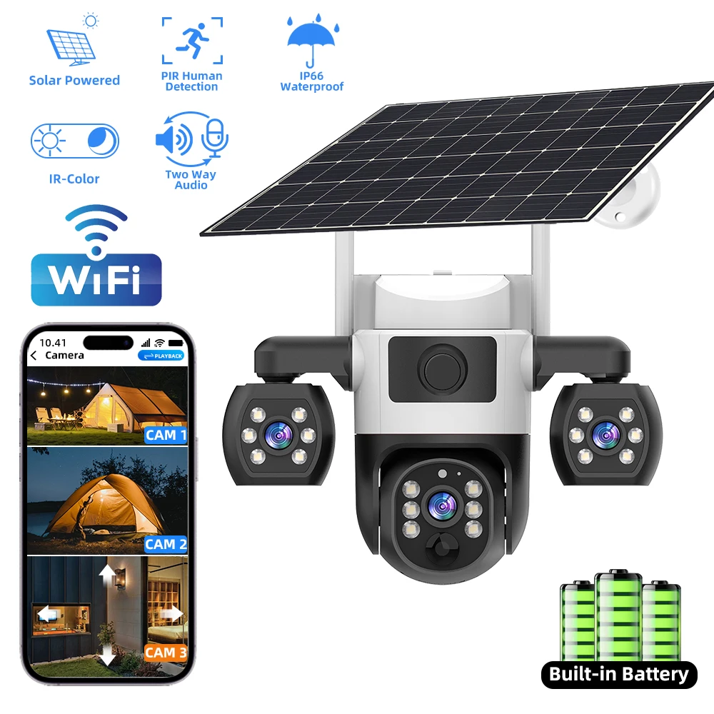 V380 Pro WiFi Solar Camera Outdoor Triple Lens PIR Human Detection Night Vision PTZ Wireless IP Cameras CCTV Security Protection
V380 Pro WiFi Solar Camera Outdoor Triple Lens PIR Human Detection Night Vision PTZ Wireless IP Cameras CCTV Security Protection