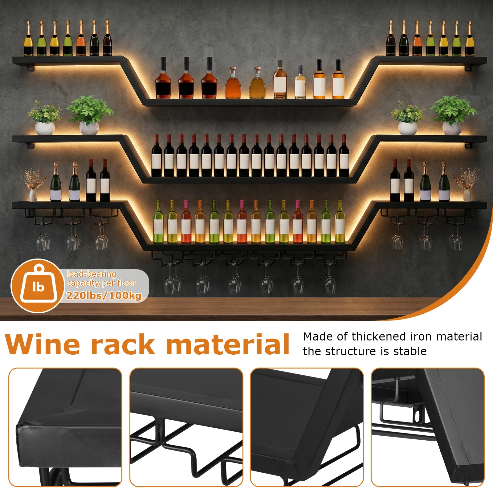 47/55inch Modern Wall Mounted Wine Rack Wall Bar Shelves Storage Holder with LED Light with Wine Glass Hooks 3-Tier for Home Bar
47/55inch Modern Wall Mounted Wine Rack Wall Bar Shelves Storage Holder with LED Light with Wine Glass Hooks 3-Tier for Home Bar