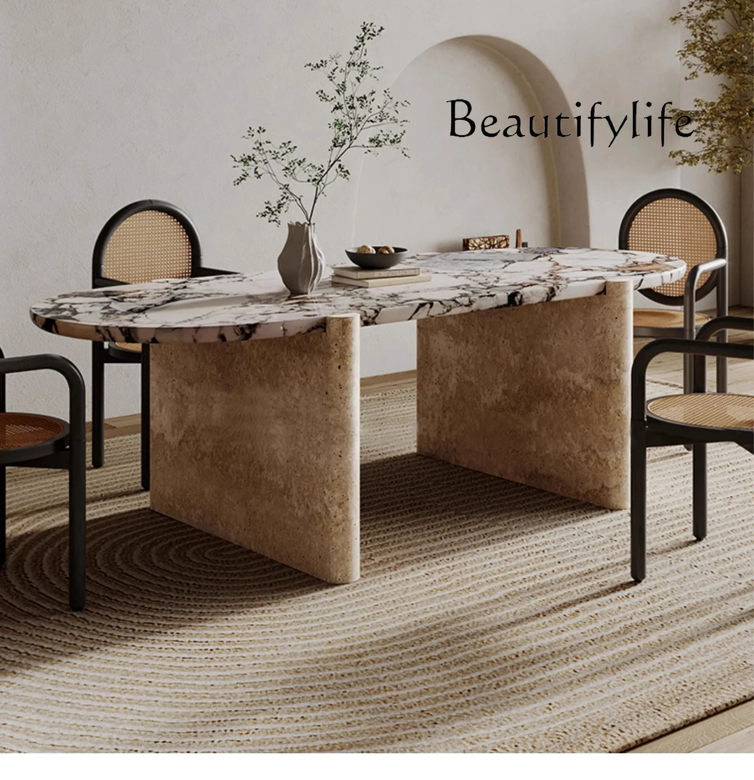 Light luxury high-end marble dining table household rectangular designer thickened travertine
Light luxury high-end marble dining table household rectangular designer thickened travertine