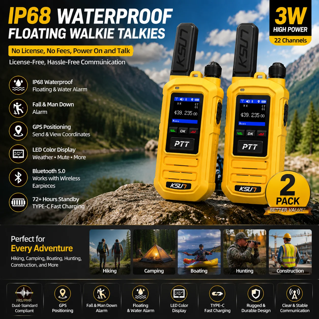2PCS FRS/PMR Walkie Talkies IP68 Waterproof With Floating Alarm Fall Alert GPS LED Color Screen Bluetooth Earphone Compatible
2PCS FRS/PMR Walkie Talkies IP68 Waterproof With Floating Alarm Fall Alert GPS LED Color Screen Bluetooth Earphone Compatible