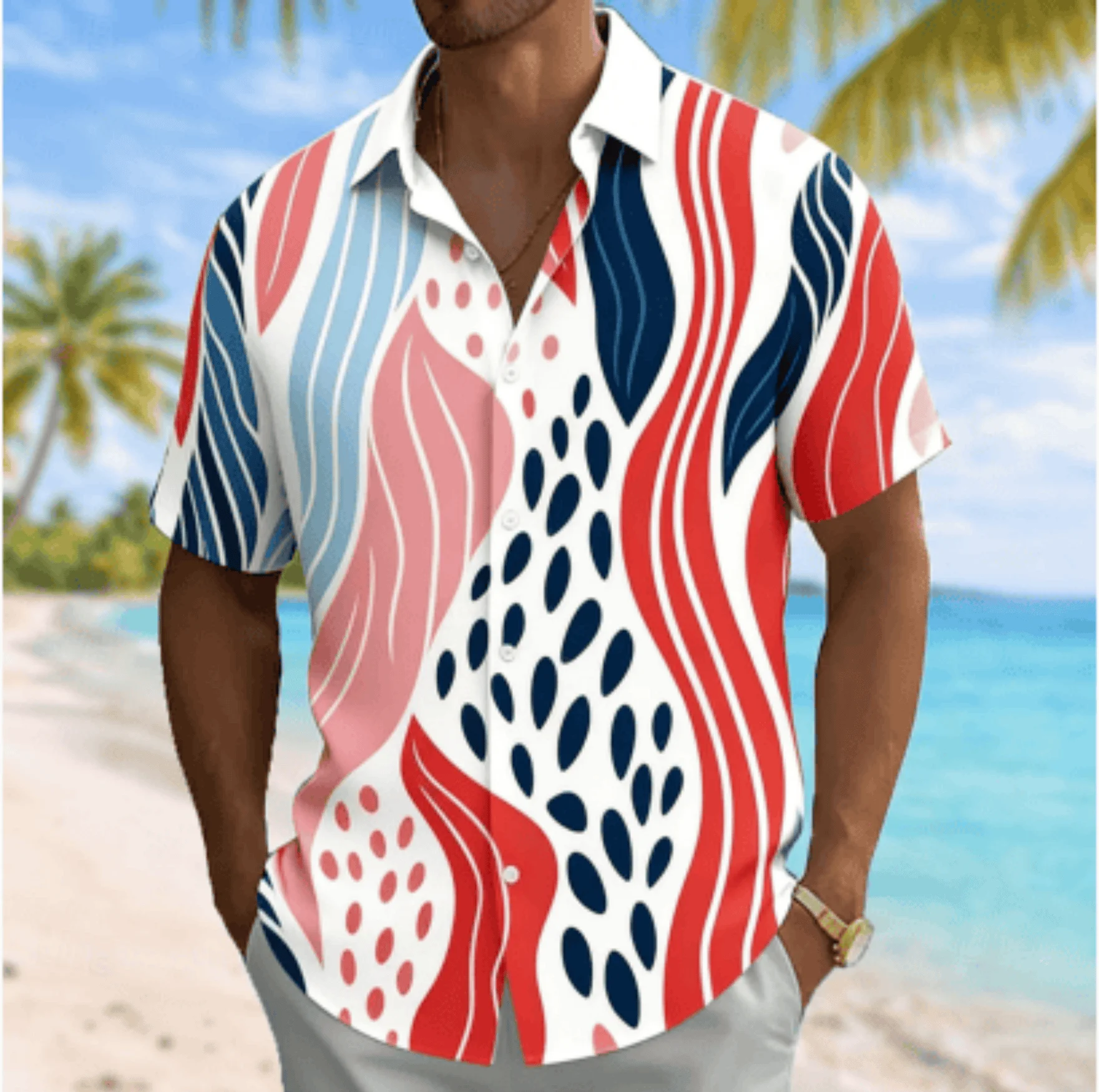 Men's Red, Wave Geometric Print Short Sleeve Shirt, Spring Summer Casual Vacation Turn-Down Collar Blouse, Loose Fit Top
Men's Red, Wave Geometric Print Short Sleeve Shirt, Spring Summer Casual Vacation Turn-Down Collar Blouse, Loose Fit Top