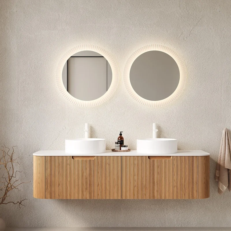 60" Floating Bathroom Vanity with 2 Drawers, White Ceramic Basins, Carrara White Sintered Stone Top, Woodgrain Finish
60" Floating Bathroom Vanity with 2 Drawers, White Ceramic Basins, Carrara White Sintered Stone Top, Woodgrain Finish