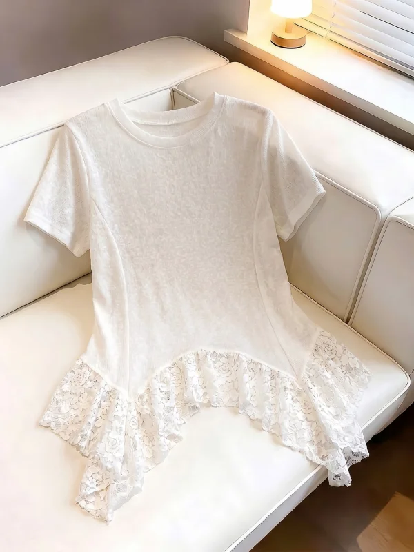Summer New plus Size Women's T-shirt Irregular Lace Hem Short Sleeve Regular Shoulder Commute Style Korean Version Loose Fit
Summer New plus Size Women's T-shirt Irregular Lace Hem Short Sleeve Regular Shoulder Commute Style Korean Version Loose Fit