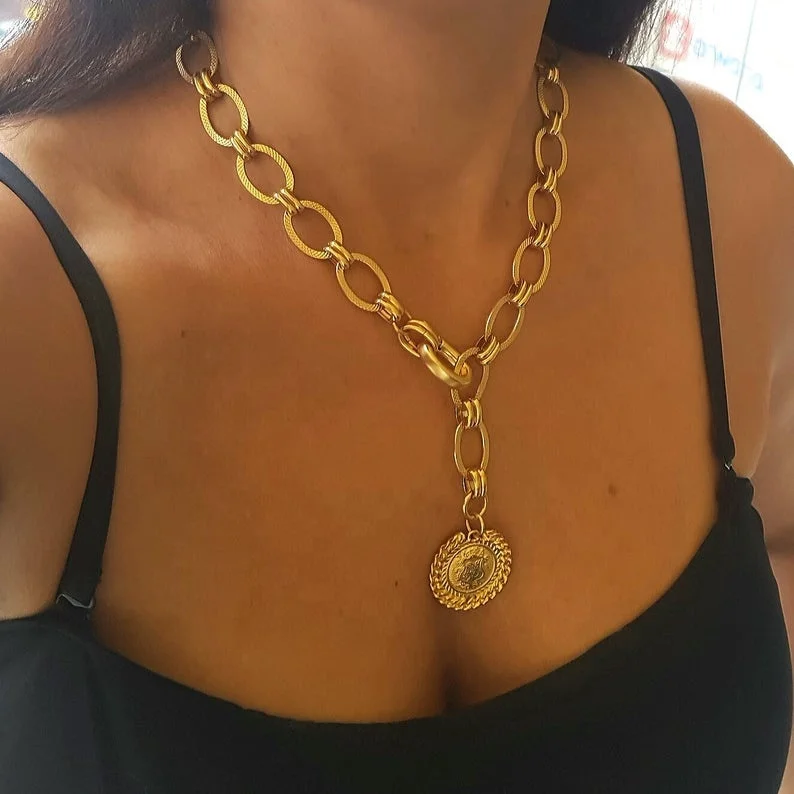 Gold Plated Chunky Coin Necklace Modern Jewelry Stainless Steel Lariat Medallion Necklace
Gold Plated Chunky Coin Necklace Modern Jewelry Stainless Steel Lariat Medallion Necklace
