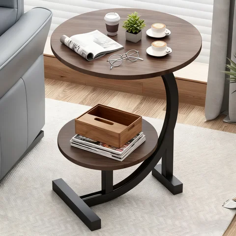 Minimalist Luxury Solid Wood Round Coffee Table - Modern Double-Tiered Sofa Side Table (Marble-Patterned Top + Wrought Iron Base