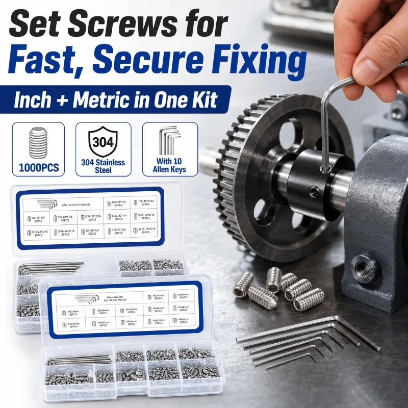 304 Stainless Steel 1000PCS Hex Socket Set Screw Kit, Inch & Metric Grub Screws Assortment with 10 Allen Keys, 2 Boxes
304 Stainless Steel 1000PCS Hex Socket Set Screw Kit, Inch & Metric Grub Screws Assortment with 10 Allen Keys, 2 Boxes