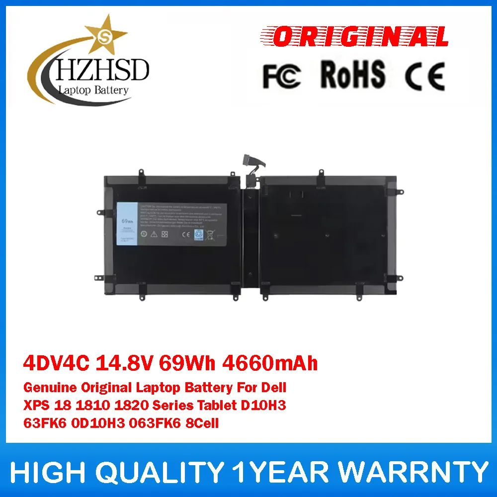 4DV4C 14.8V 69Wh 4660mAh Genuine Original Laptop Battery For Dell XPS 18 1810 1820 Series Tablet D10H3 63FK6 0D10H3 063FK6 8Cell
4DV4C 14.8V 69Wh 4660mAh Genuine Original Laptop Battery For Dell XPS 18 1810 1820 Series Tablet D10H3 63FK6 0D10H3 063FK6 8Cell