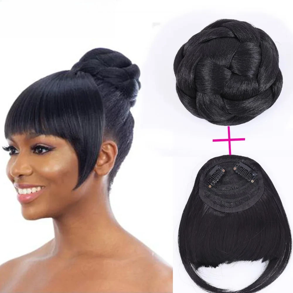 Synthetic Fake Hair Bun And Bang Set Heat Resistant Fiber Chignons HairPiece Ponytail Wig For Women Clip in Hair Extension
Synthetic Fake Hair Bun And Bang Set Heat Resistant Fiber Chignons HairPiece Ponytail Wig For Women Clip in Hair Extension