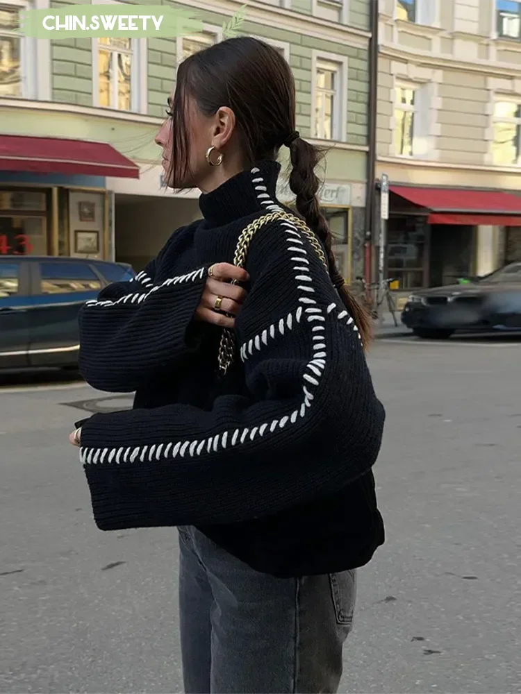 Женский трикотажный пуловер с контрастной строчкой, повседневный свободный свитер с высоким воротником и длинными рукавами, осенняя Дамская уличная одежда
Женский трикотажный пуловер с контрастной строчкой, повседневный свободный свитер с высоким воротником и длинными рукавами, осенняя Дамская уличная одежда