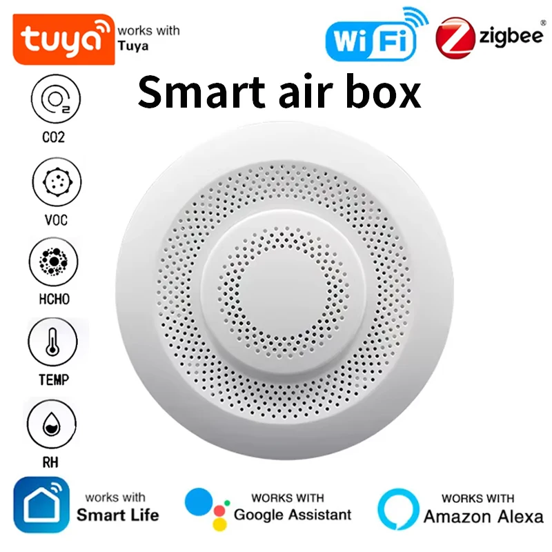Tuya Smart Zigbee/WIFI Smart Airbox CO2 Детектор формальдегида VOC Датчик температуры и влажности 5in1 Airbox через Alexa Google Home
Tuya Smart Zigbee/WIFI Smart Airbox CO2 Детектор формальдегида VOC Датчик температуры и влажности 5in1 Airbox через Alexa Google Home