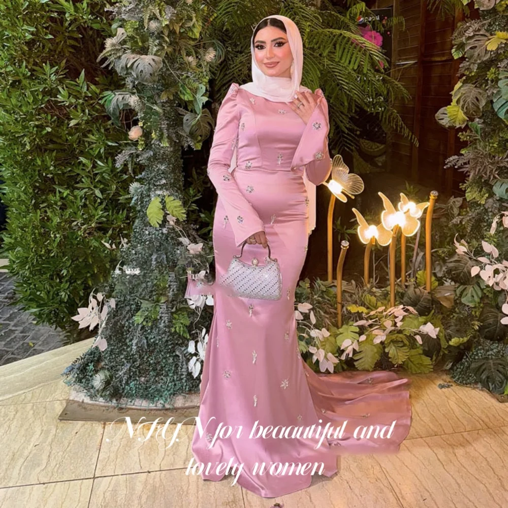 NFYN Pink Elegant Formal Gown Regular Long Sleeves Prom Dresses Satin Mermaid Crystal Evening Dress for Woman 프롬 드레스 Customized
NFYN Pink Elegant Formal Gown Regular Long Sleeves Prom Dresses Satin Mermaid Crystal Evening Dress for Woman 프롬 드레스 Customized