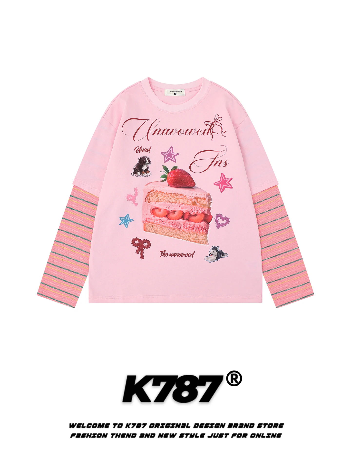 K787 Sweet Gentle Style Long Sleeve T-Shirt Women's Anti-Aging Loose Casual Pink Spring Top Fake Two-Piece Striped Design Cotton
K787 Sweet Gentle Style Long Sleeve T-Shirt Women's Anti-Aging Loose Casual Pink Spring Top Fake Two-Piece Striped Design Cotton