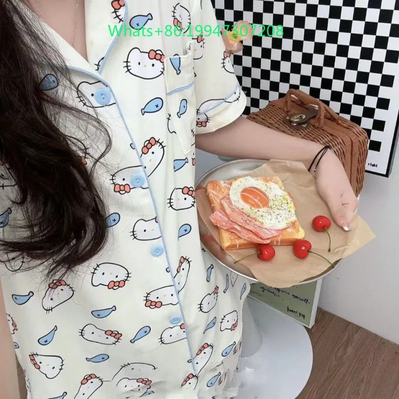 Summer new white lapel sweet and cute Hello Kitty pajamas women's short-sleeved shorts homewear suit outside
Summer new white lapel sweet and cute Hello Kitty pajamas women's short-sleeved shorts homewear suit outside