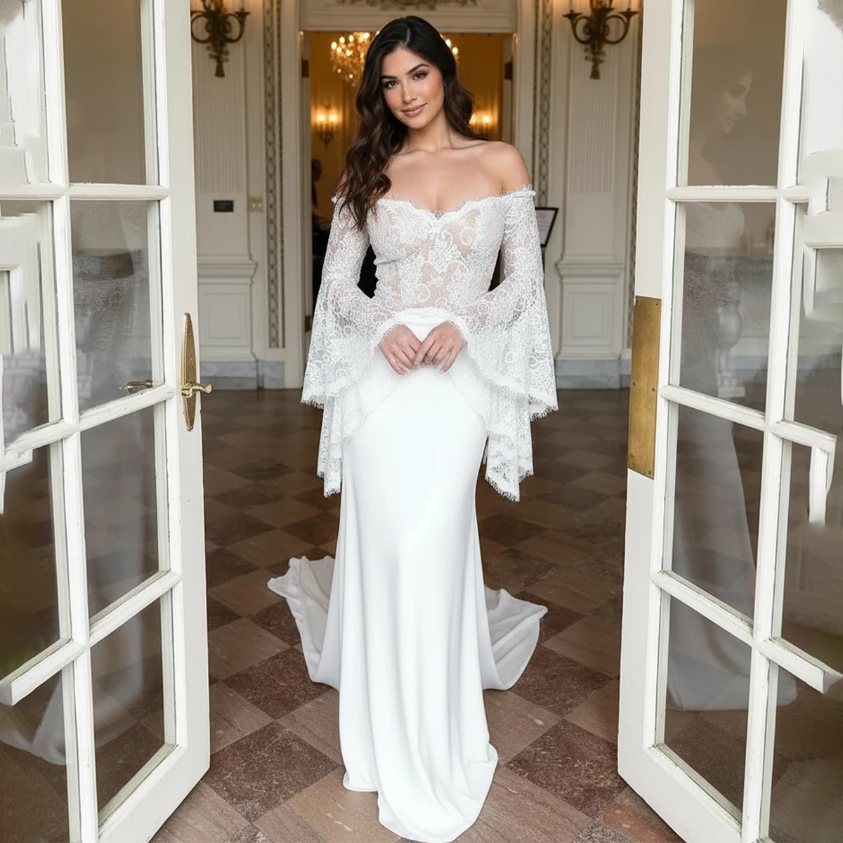 Romantic Vestidos Novia Lace Off Shoulder Long Sleeve Wedding Dress Mermaid V Neck Bridal Gown For Women
Romantic Vestidos Novia Lace Off Shoulder Long Sleeve Wedding Dress Mermaid V Neck Bridal Gown For Women