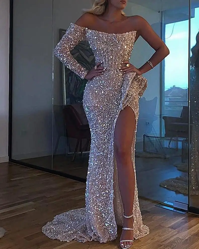 Sexy One Shoulder Sequined Slit Maxi Dress Women Slash Neck Solid Color Sexy Evening Party Wear Mermaid dresses vestidos gold
Sexy One Shoulder Sequined Slit Maxi Dress Women Slash Neck Solid Color Sexy Evening Party Wear Mermaid dresses vestidos gold