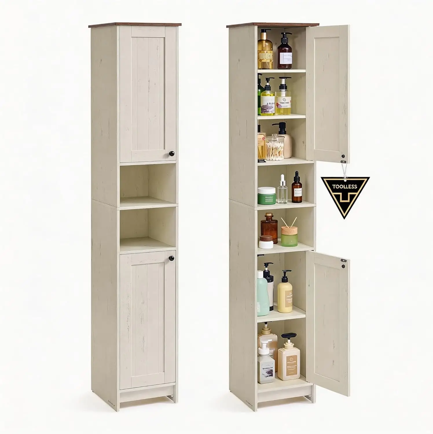 67-Inch Tall Bathroom Storage Cabinet, Toolless Assembly in 15 Mins, Slim 11.8" Wide, Adjustable Shelves, Rustic White
67-Inch Tall Bathroom Storage Cabinet, Toolless Assembly in 15 Mins, Slim 11.8" Wide, Adjustable Shelves, Rustic White